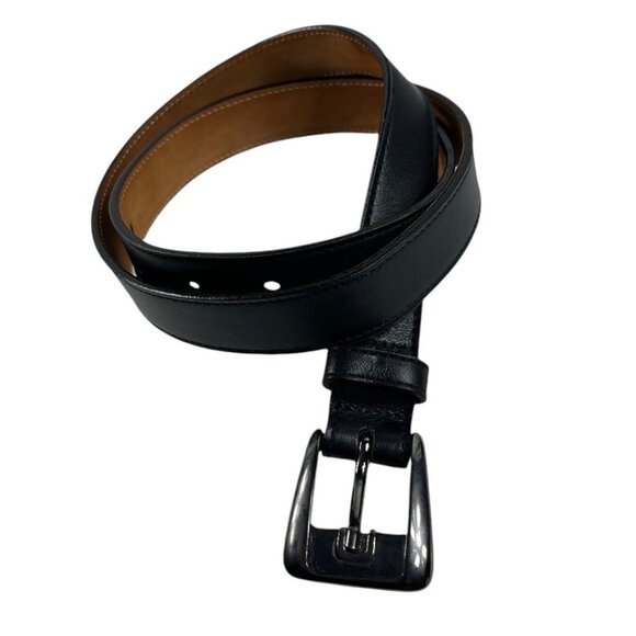 Tanner Italian Black Leather Belt Silvertone Buckle Size Medium Made in Italy - Picture 1 of 12